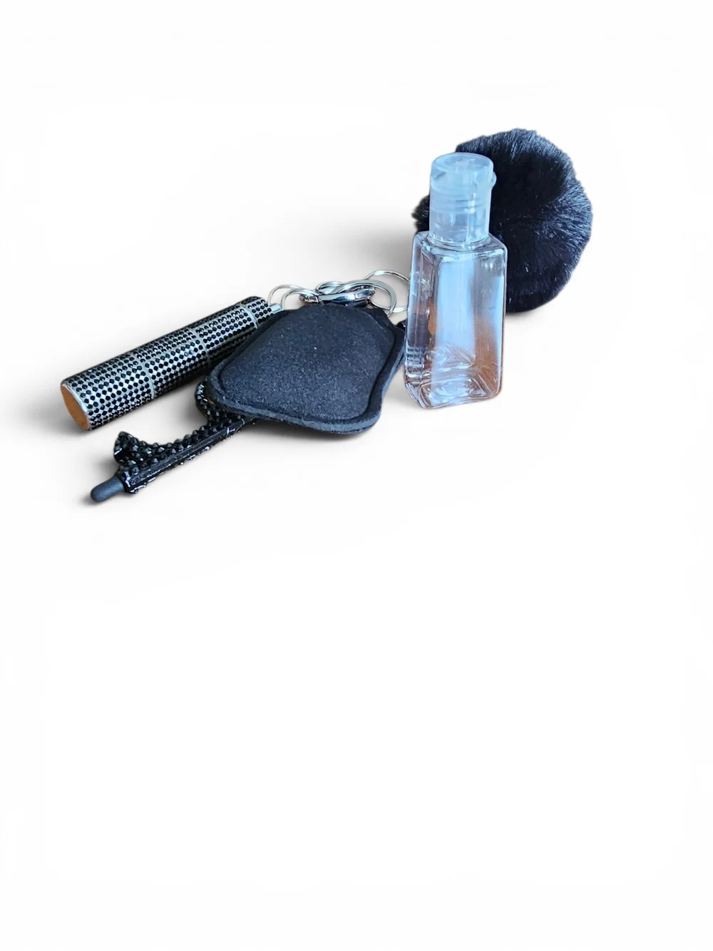 New. Black Pom Pom Keychain Hand Sanitizer Holder, Pill Holder with Multi-Tool